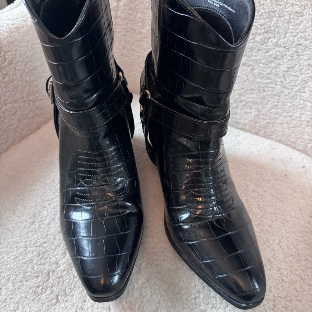 JustFab Black Croc-Embossed Heeled Boots - Picture 2 of 3